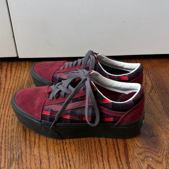 Vans Old Skool Stac Velvet Plaid Port/Black Platform sneaker Size 8.5 - Picture 3 of 5